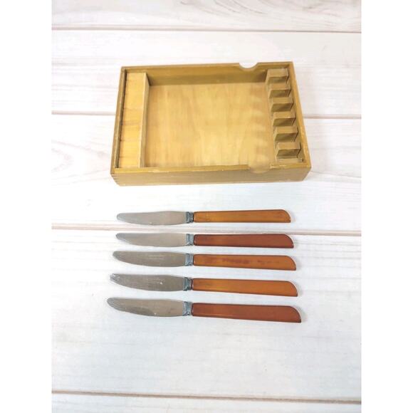 Vintage Washington Forge Dinner Knives With Wood Holder Set Of 5 - Picture 1 of 14